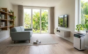 Air purifier running in clean living room with open layout