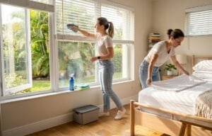 Cleaning blinds and washing bedding to reduce allergens