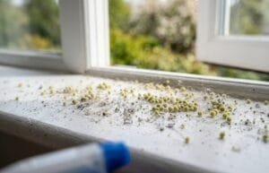 Close-up of pollen and dust particles on a window sill