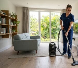 Excellence Maids professional cleaner using HEPA vacuum in bright home
