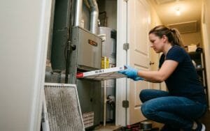 Person dusting air vents and replacing HVAC filter