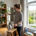 Person dusting shelves and opening windows during allergy season cleaning