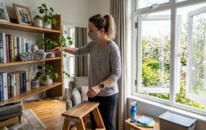 Person dusting shelves and opening windows during allergy season cleaning
