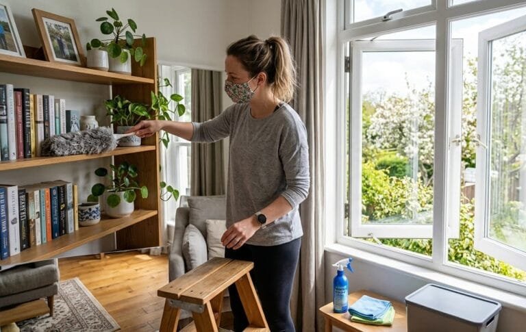 Person dusting shelves and opening windows during allergy season cleaning