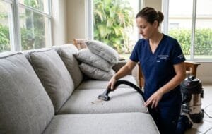 Vacuuming furniture with HEPA vacuum during allergy cleaning